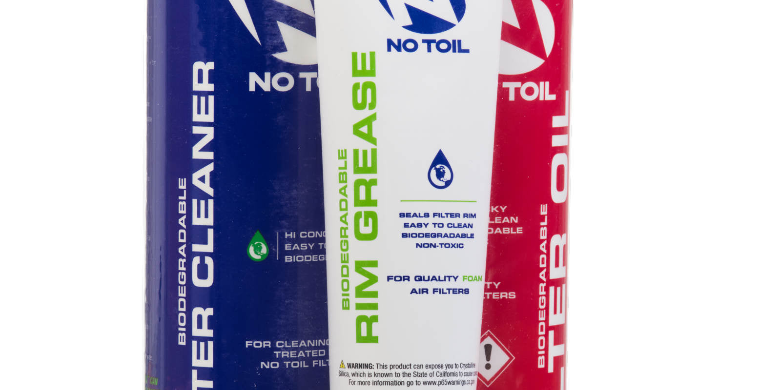 The No-Toil classic air filter kit that come with one each of the filter oil, cleaner and grease.