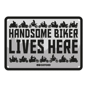 Oxford Garage Metal Sign: Handsome Biker Lives Here